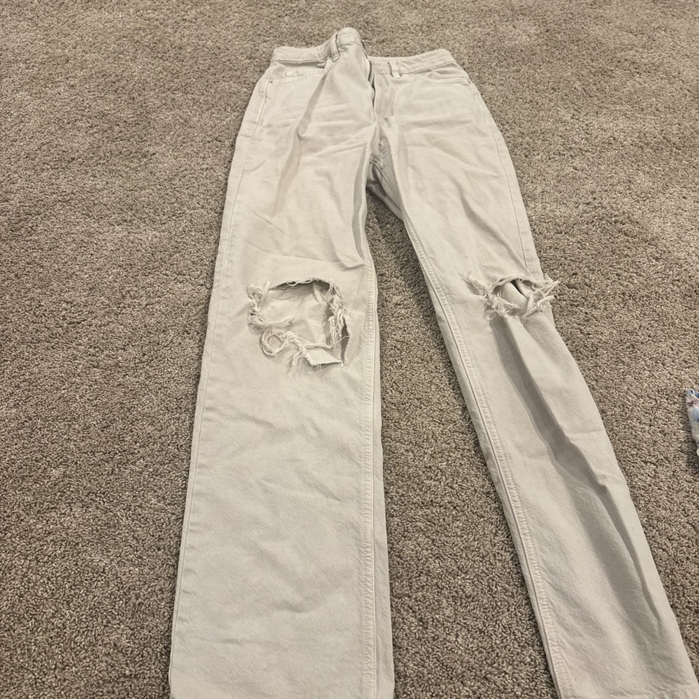 PacSun Cream Distressed Straight Leg Jeans